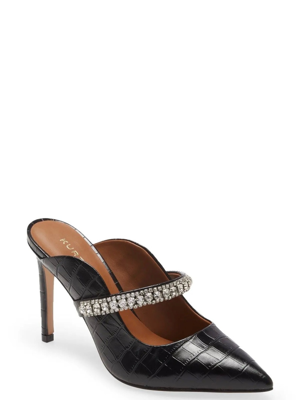 Kurt Geiger Black Croc-Embossed Pointed Mule with Crystal Strap size 38 NWB